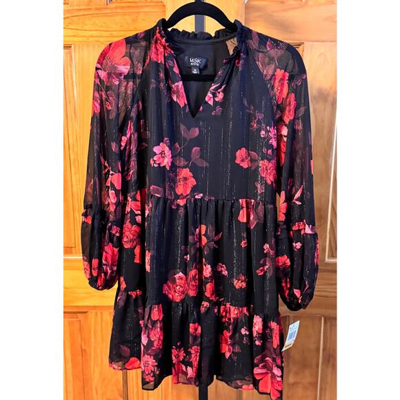 MSK Petite Black Red Floral Tiered Dress Long Sleeve Size PS Mini - Picture 3 of 7